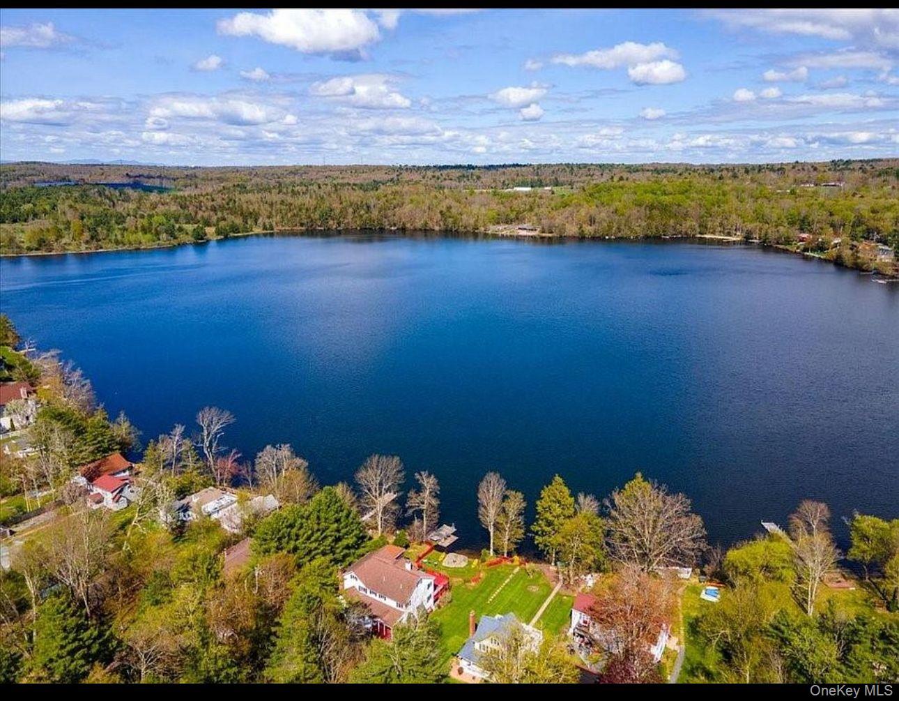Drone / aerial view of a large body of water and a heavily wooded area