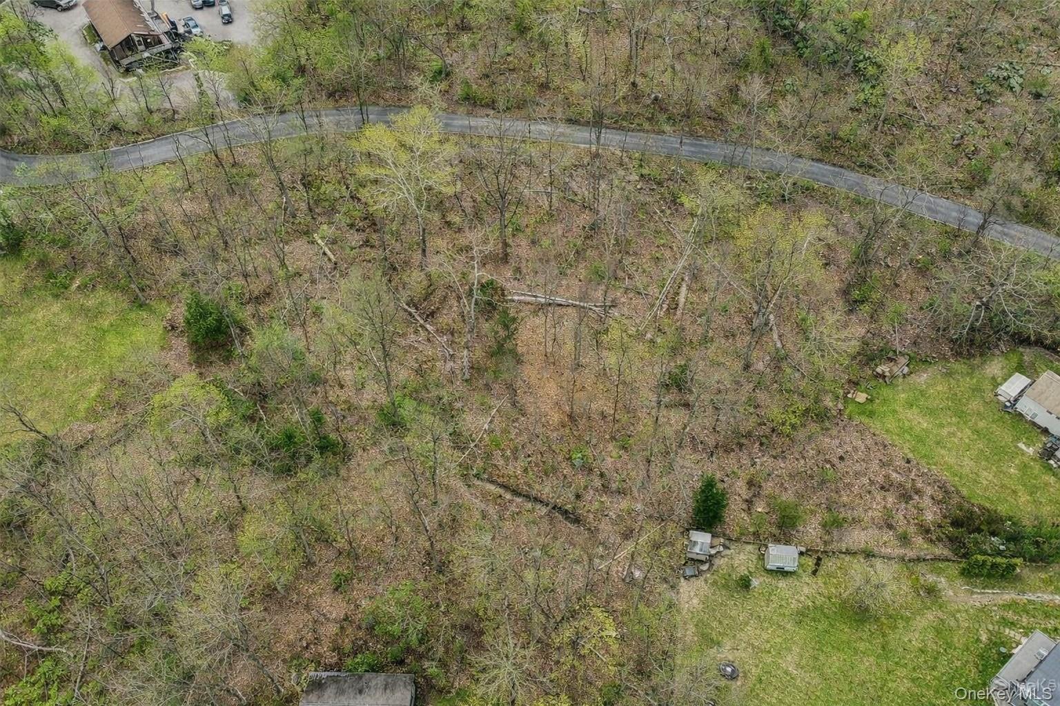 The property features an expansive natural landscape with mature trees and a paved road visible